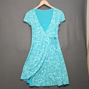 Fresh Produce Dress Womens Medium Blue Faux Wrap V Neck Abstract Stretch USA